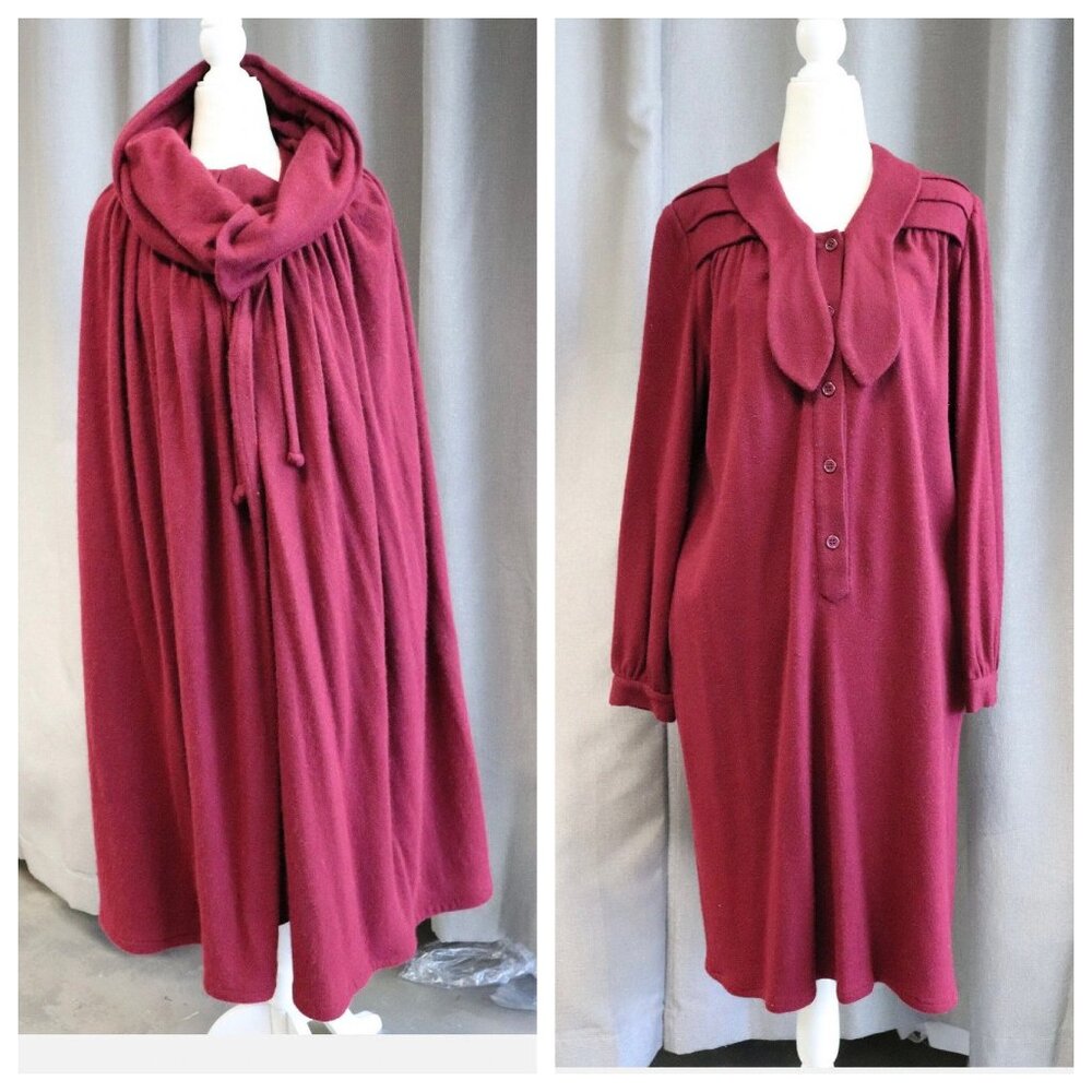 Vtg Deep Red Wool 1960s Valentino Boutique Set Includes Dress, Cape, And Turban